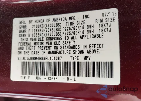 2015 Honda Cr-V Touring from USA, damaged, VIN 5J6RM4H99FL101397